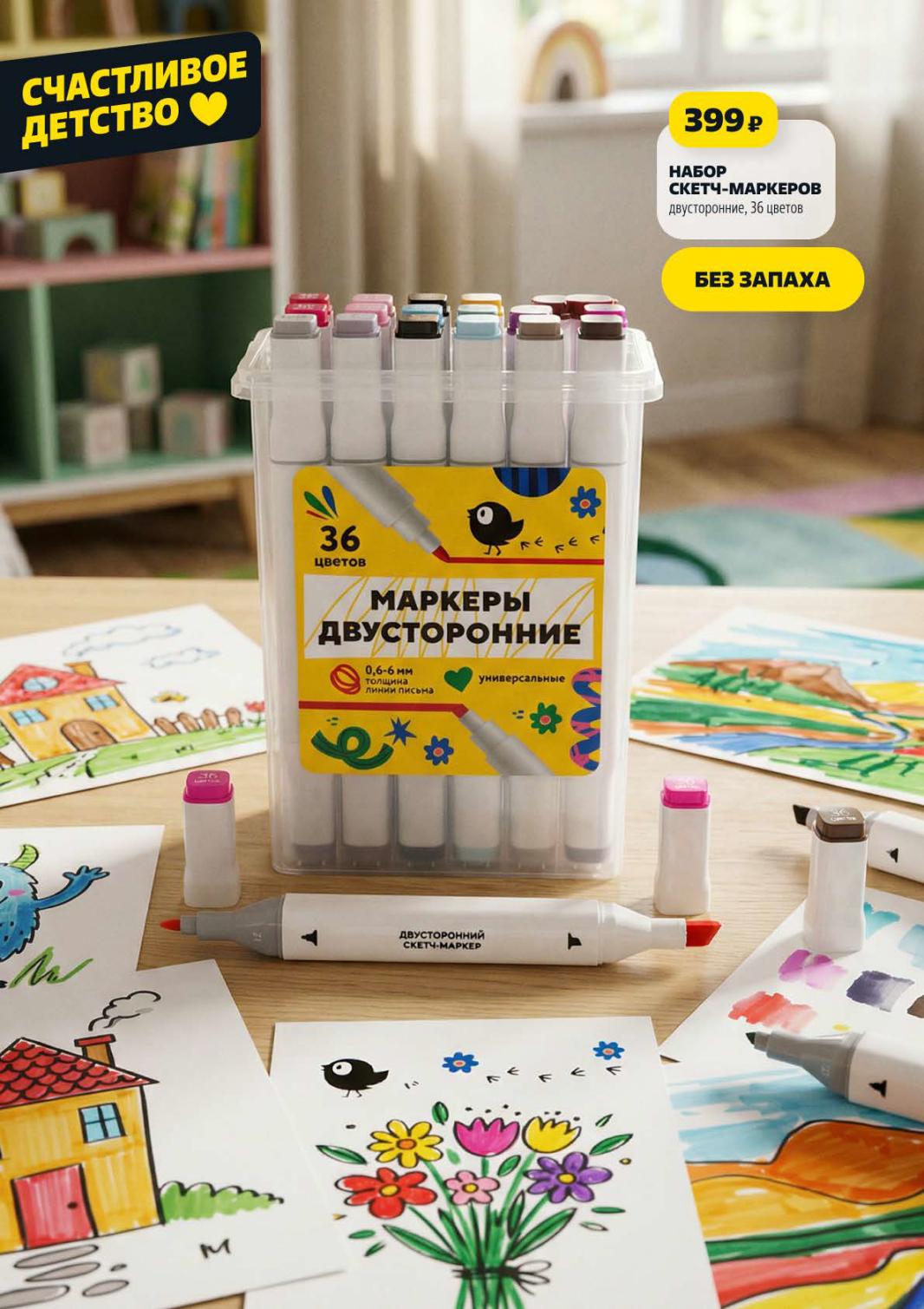 Страница 15: Творчество — набор скетч-маркеров двусторонних 36 цветов 399 ₽